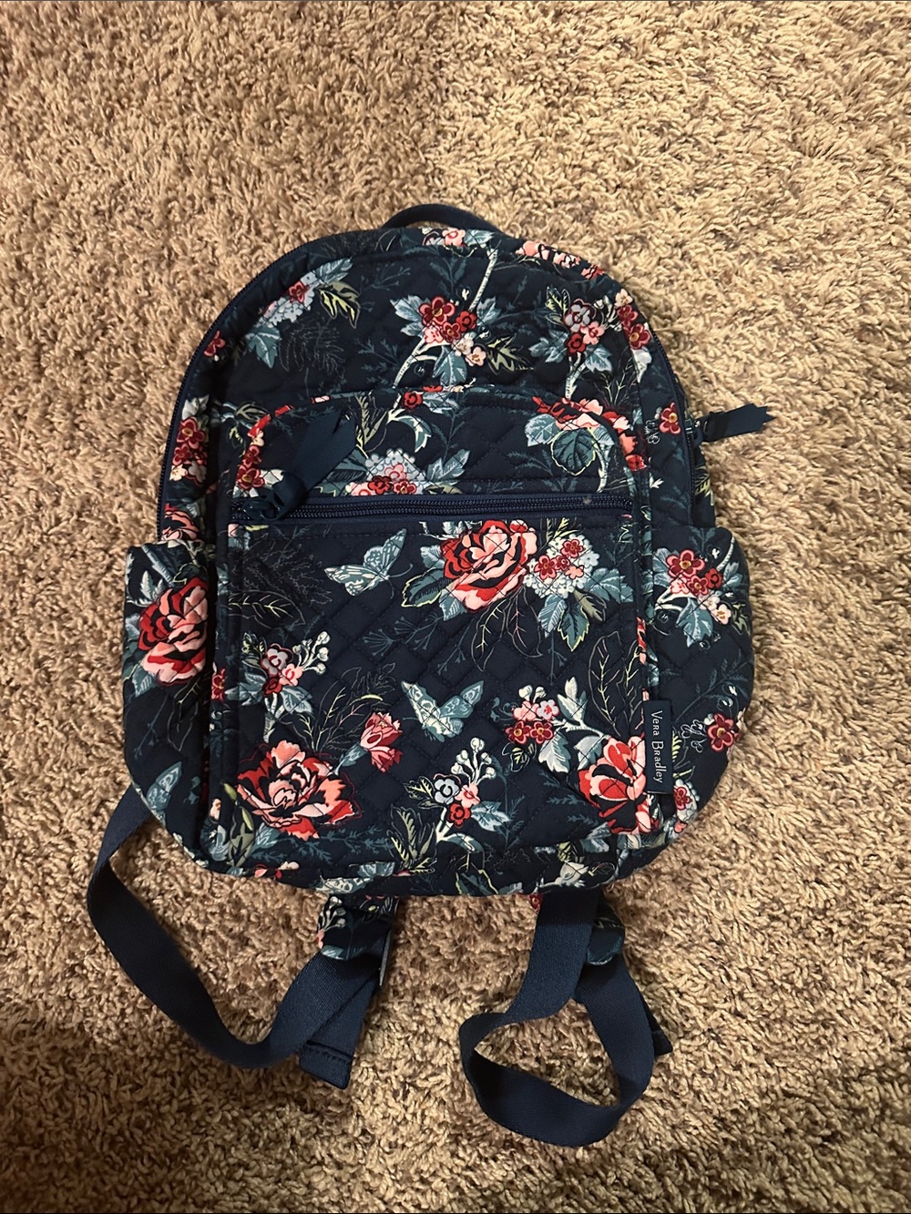 Vera Bradley Navy Floral Quilted Mini Backpack with Rose Print